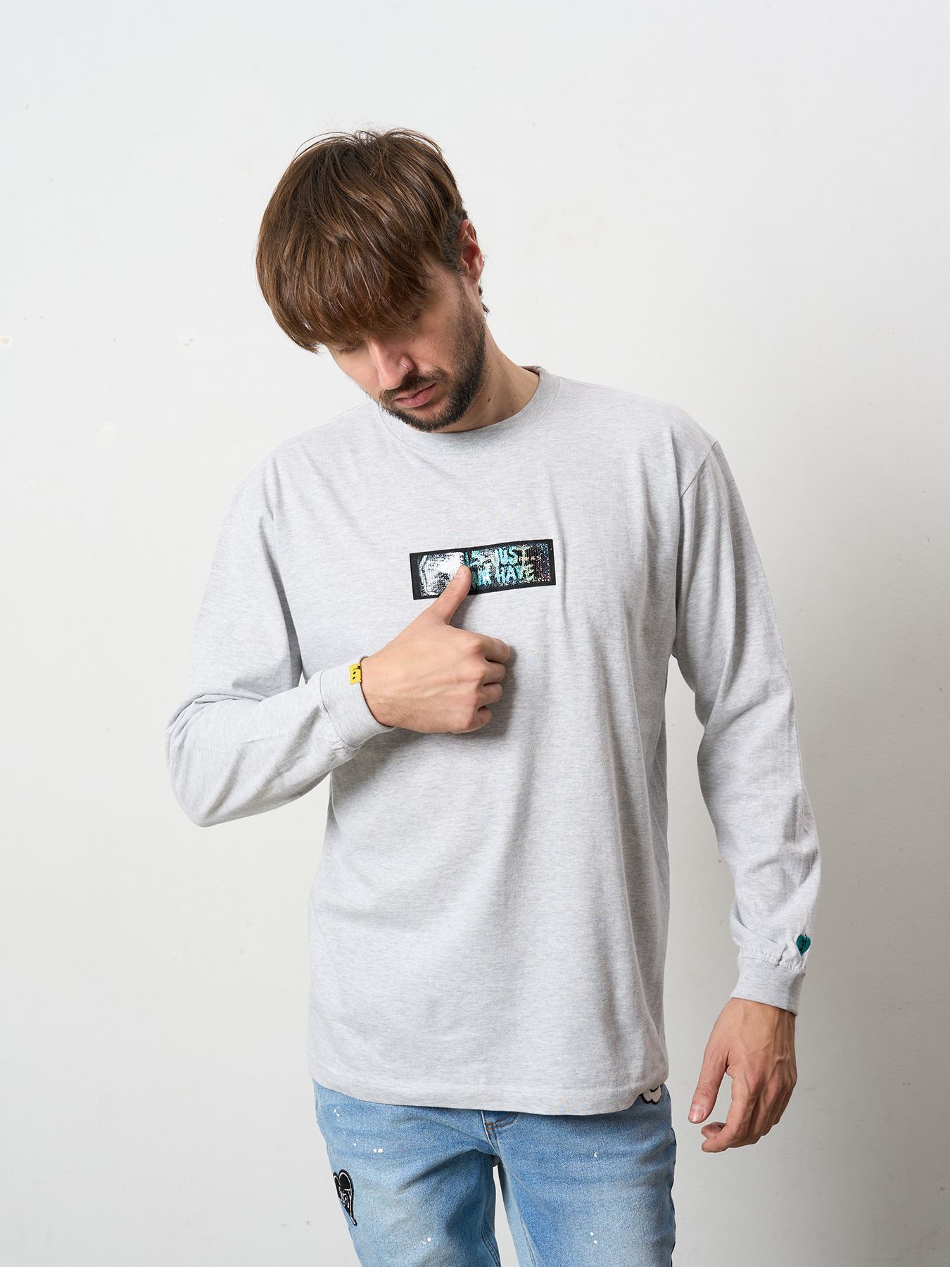 【予約品 5月8日(木) AM10時 締切】 5.6ozコットン天竺 スターグラムハート＆シークインLS Tシャツ / アッシュ