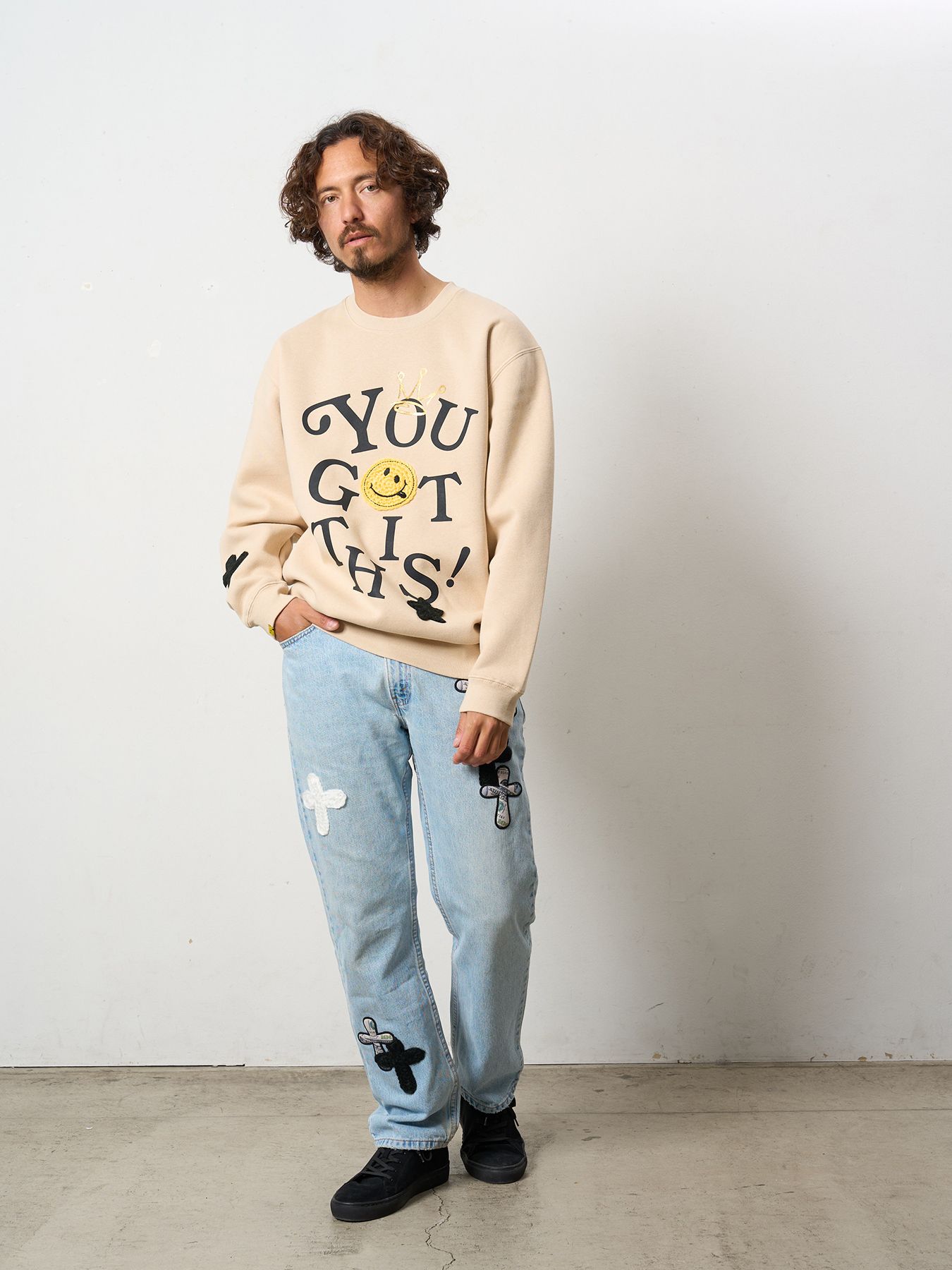 【予約品 5月8日(木) AM10時 締切】 TC裏毛起毛 YOU GOT THIS マルチパッチワークスウェットシャツ / ベージュ