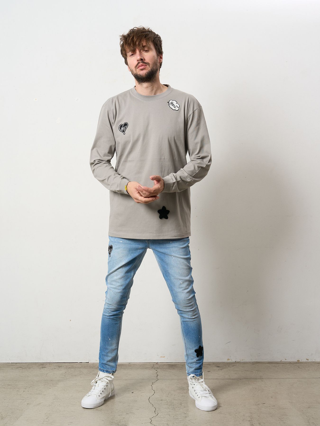 【予約品 5月8日(木) AM10時 締切】 5.6ozコットン天竺 CREATE YOUR OWN LUCK&マルチパッチワーク LS Tシャツ / チャコールグレー