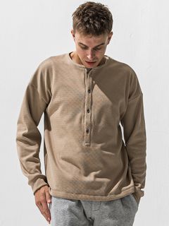 【予約品 9月6日(日) 締切】OVER HENRY VELOURS FLEECE THERMAL / 裏起毛 ハニカムサーマル オーバーサイズヘンリーネック / ブラウン