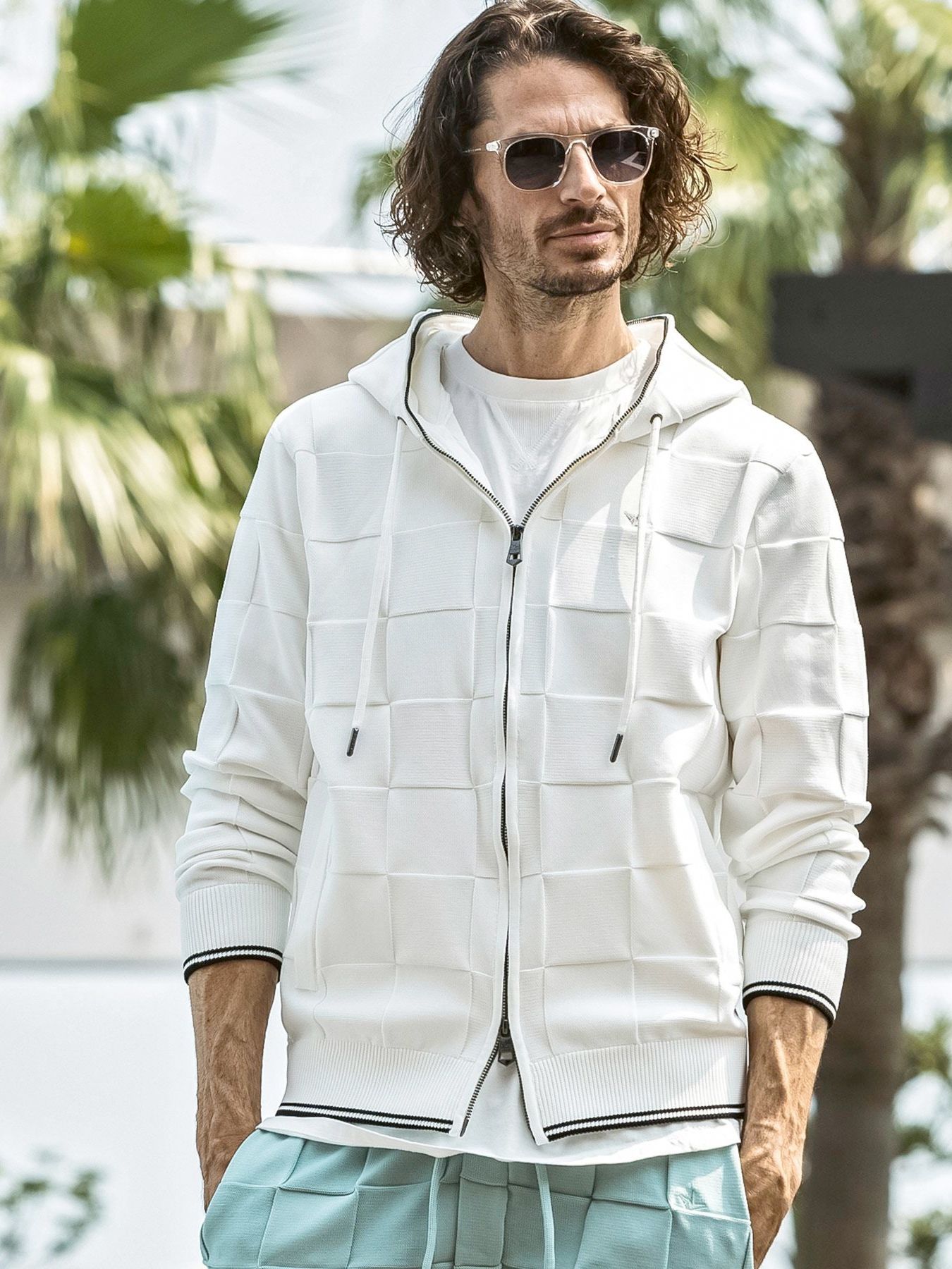 ブロックニットジップアップフーディー / ホワイト