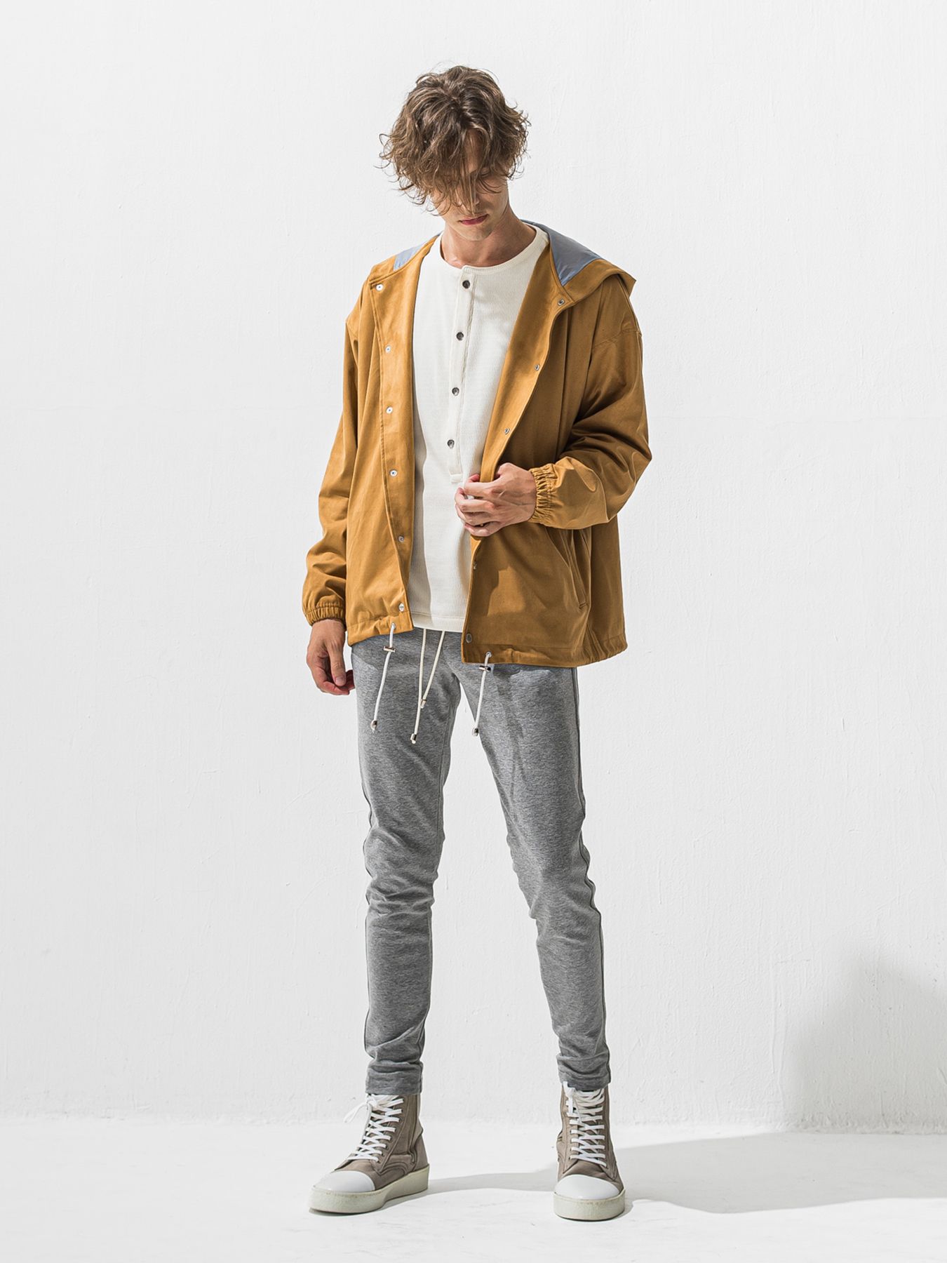 【予約品 9月6日(日) 締切】OVER HENRY VELOURS FLEECE THERMAL / 裏起毛 ハニカムサーマル オーバーサイズヘンリーネック / ホワイト