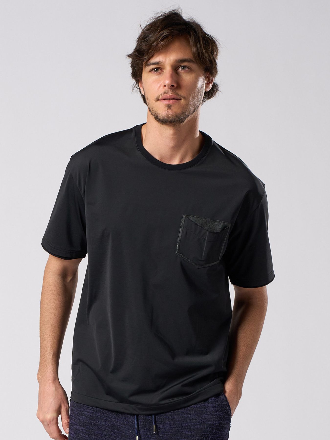 【予約品 1月25日(日) 締切】drawstring leather pocket S/S / ドローストリング レザーポケット ショートスリーブ / ブラック