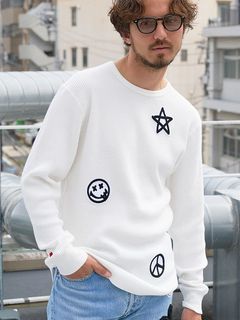 ヘビーウエイトコットンワッフル マルチサガラパッチラウンドヘムLS Tシャツ / ホワイト 【STUD MUFFIN(スタッドマフィン)】