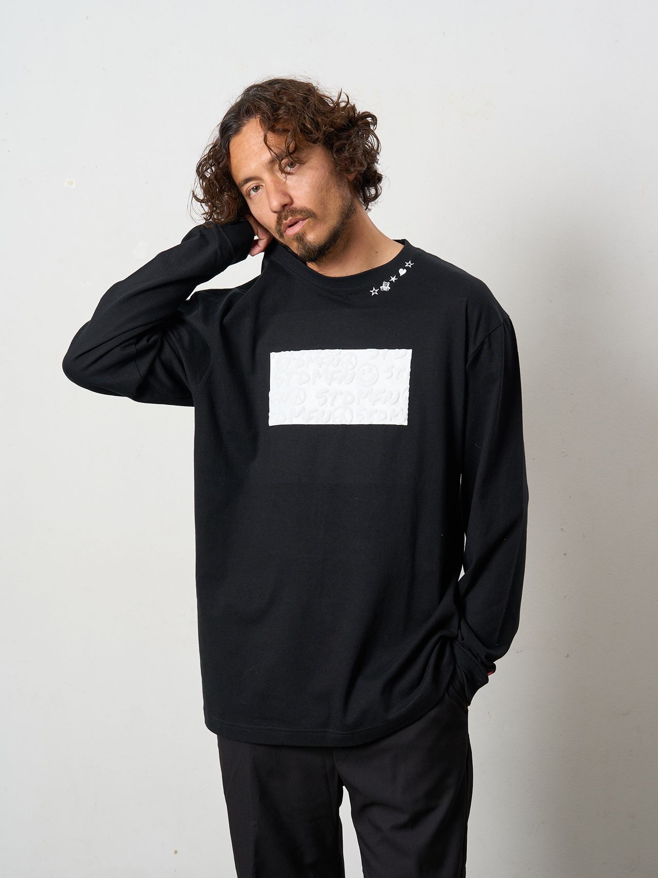 【予約品 5月8日(木) AM10時 締切】 5.6ozコットン天竺 ボックスロゴ発泡プリントLS Tシャツ / ブラック