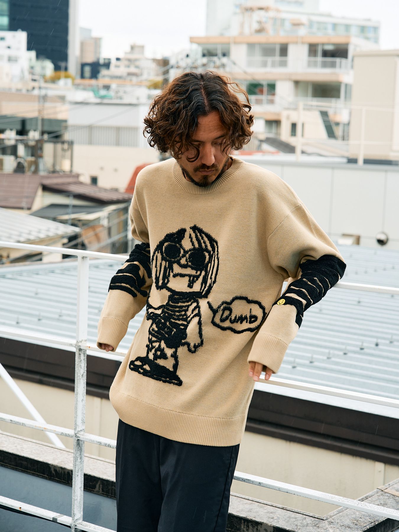 【予約品 】 アクリルコットン- モールヤーンカートイラスト 立体ダブルジャガード プルオーバー / ベージュ