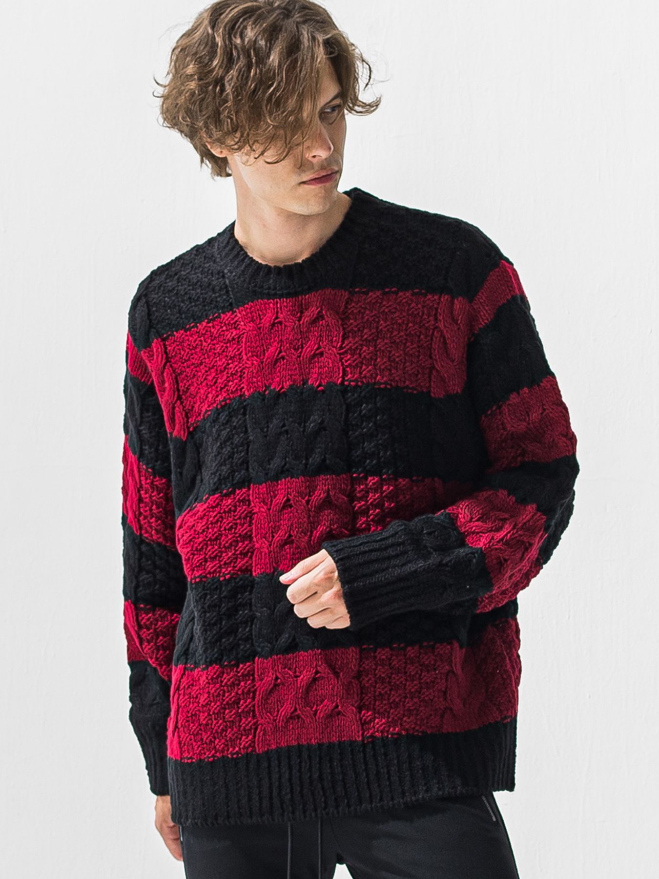【予約品 9月6日(日) 締切】CABLE LAW SWEATER / ケーブル編みローゲージセーター / ブラック×レッド