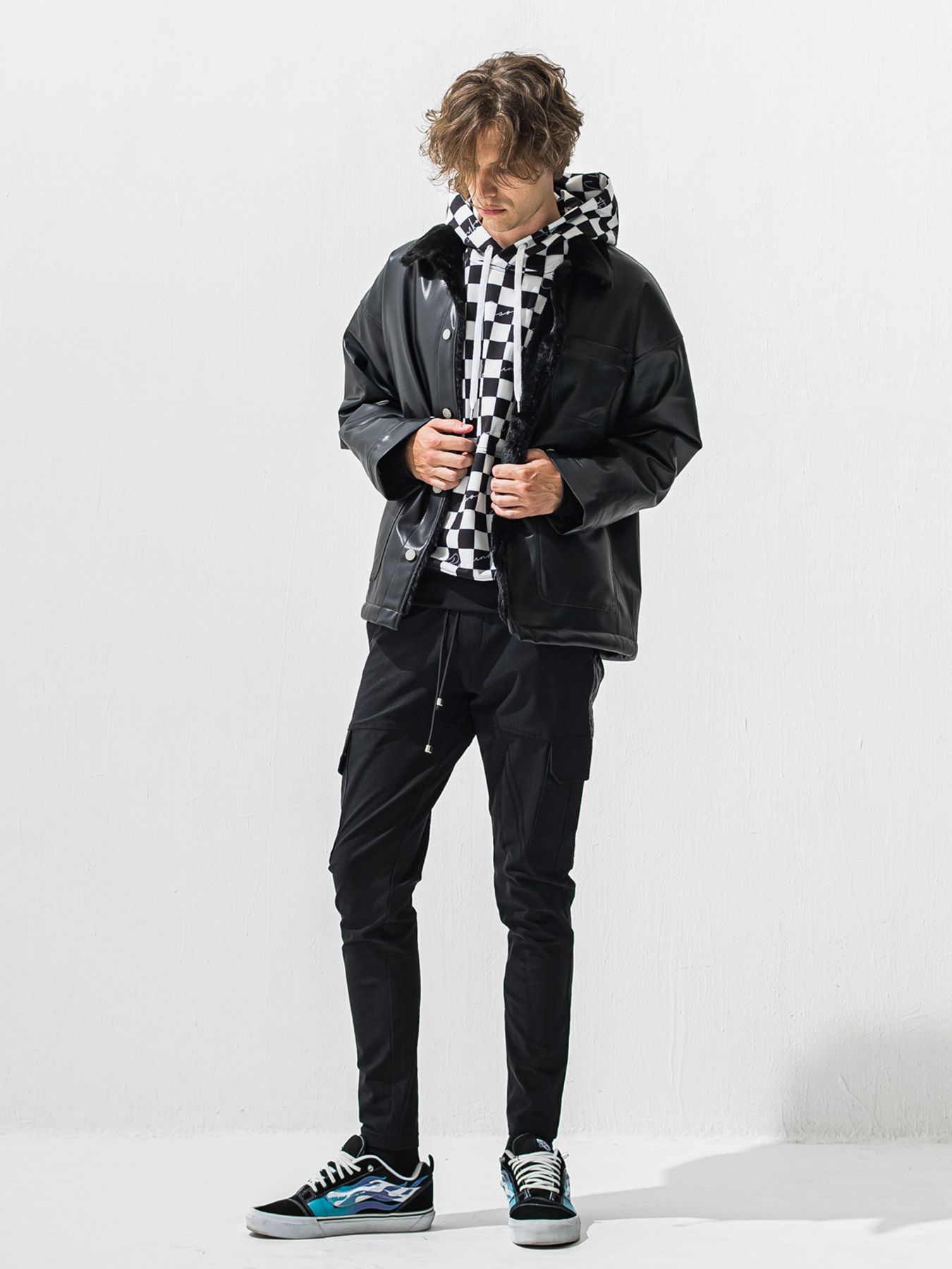 【予約品 9月6日(日) 締切】CHECKER BACK FLEECE TRAINER / 裏起毛 ルーズフーディー / ホワイト×ブラック