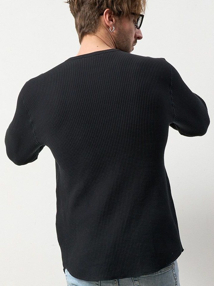 ヘビーウエイトコットンワッフル マルチサガラパッチラウンドヘムLS Tシャツ / ブラック 【STUD MUFFIN(スタッドマフィン)】