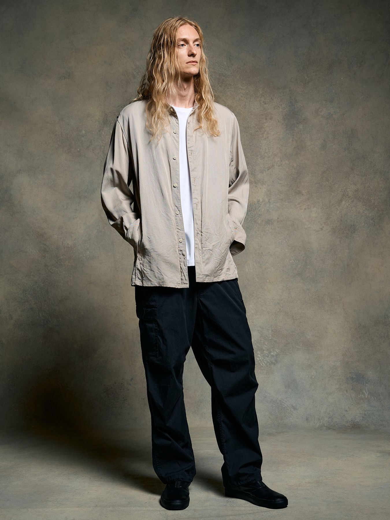 【予約品 9月23日(火) 締切】band collar shirt coat / バンドカラー シャツコート / グレージュ