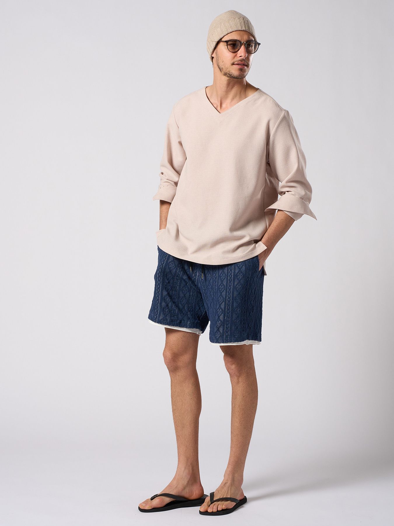 【予約品 1月25日(日) 締切】jacquard summer knit shorts / ジャガード サマーニット ショーツ / ネイビー