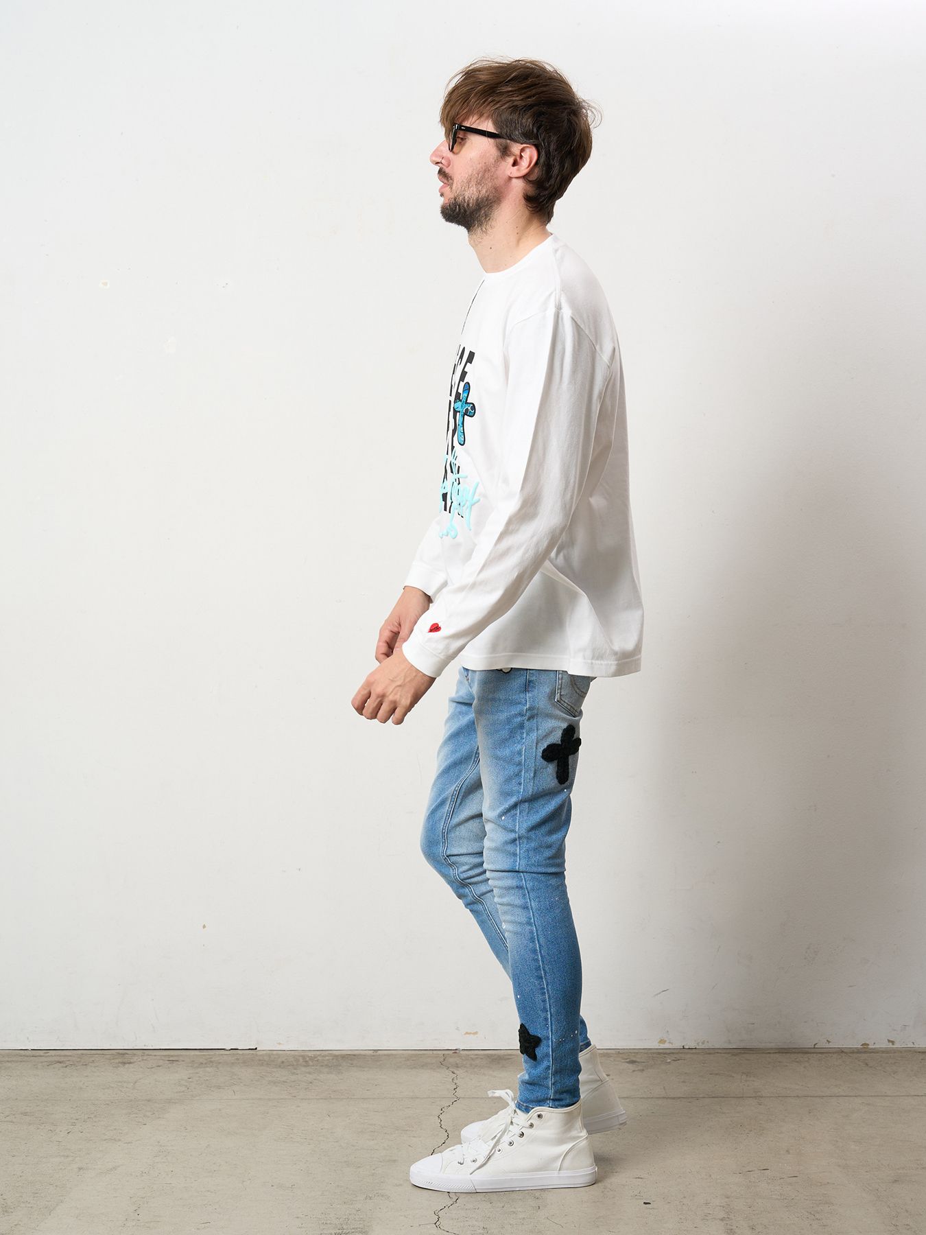 【予約品 5月8日(木) AM10時 締切】 5.6ozコットン天竺 PEACE AFTER DEATH&クロスパッチワーク LS Tシャツ / ホワイト