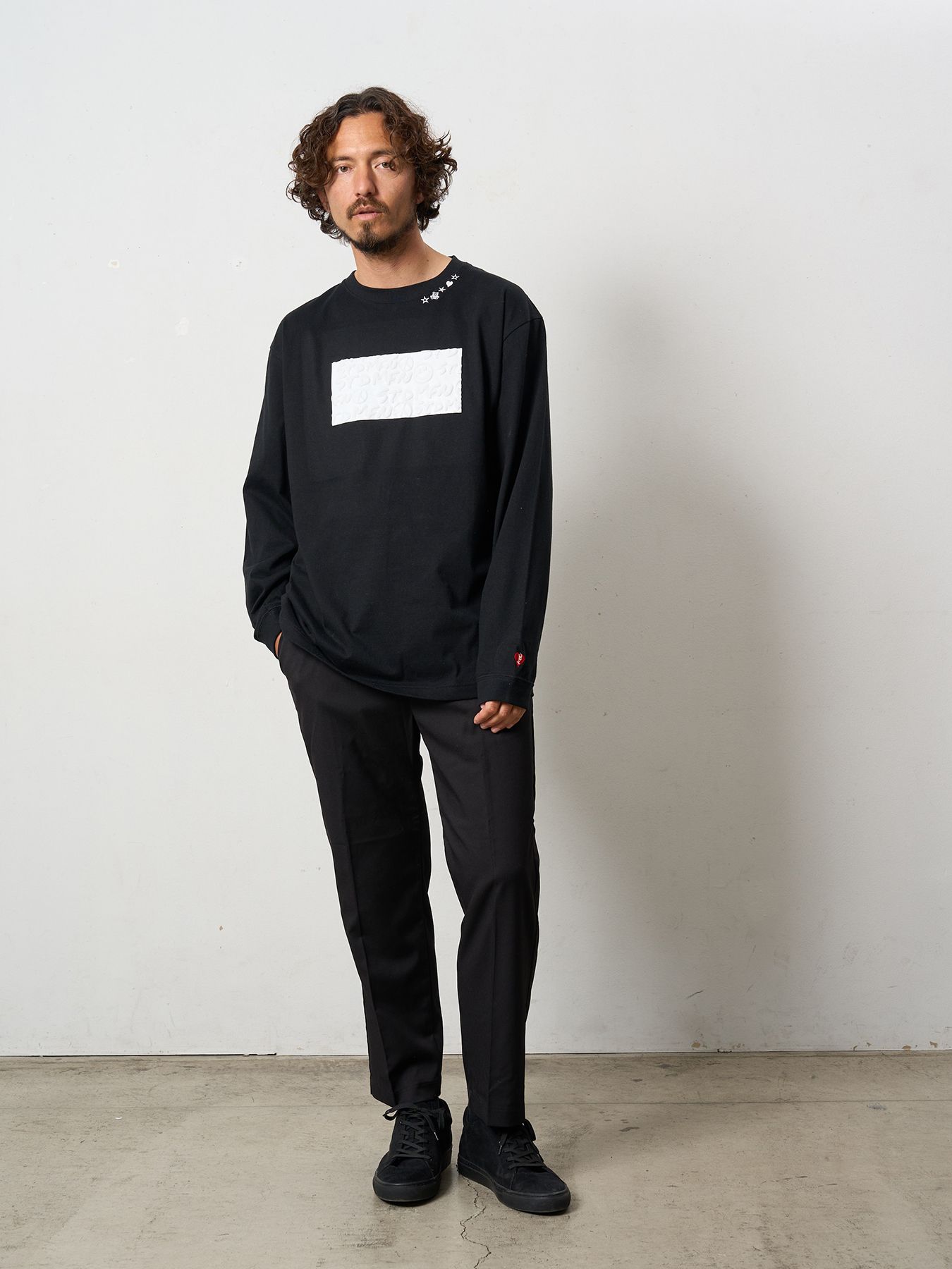 【予約品 5月8日(木) AM10時 締切】 5.6ozコットン天竺 ボックスロゴ発泡プリントLS Tシャツ / ブラック