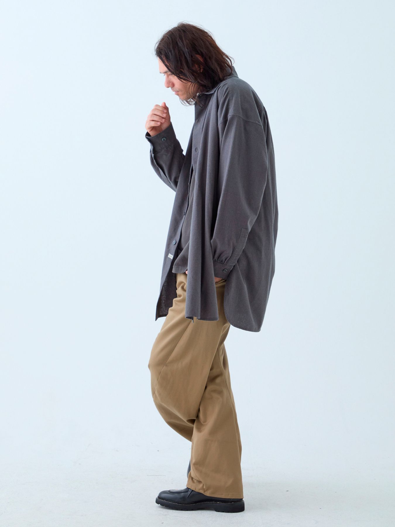 【予約品 5月7日(水)AM10時  締切】Chronos / ワッシャー加工 ロングシャツ / ダークブラウン×ネイビー千鳥
