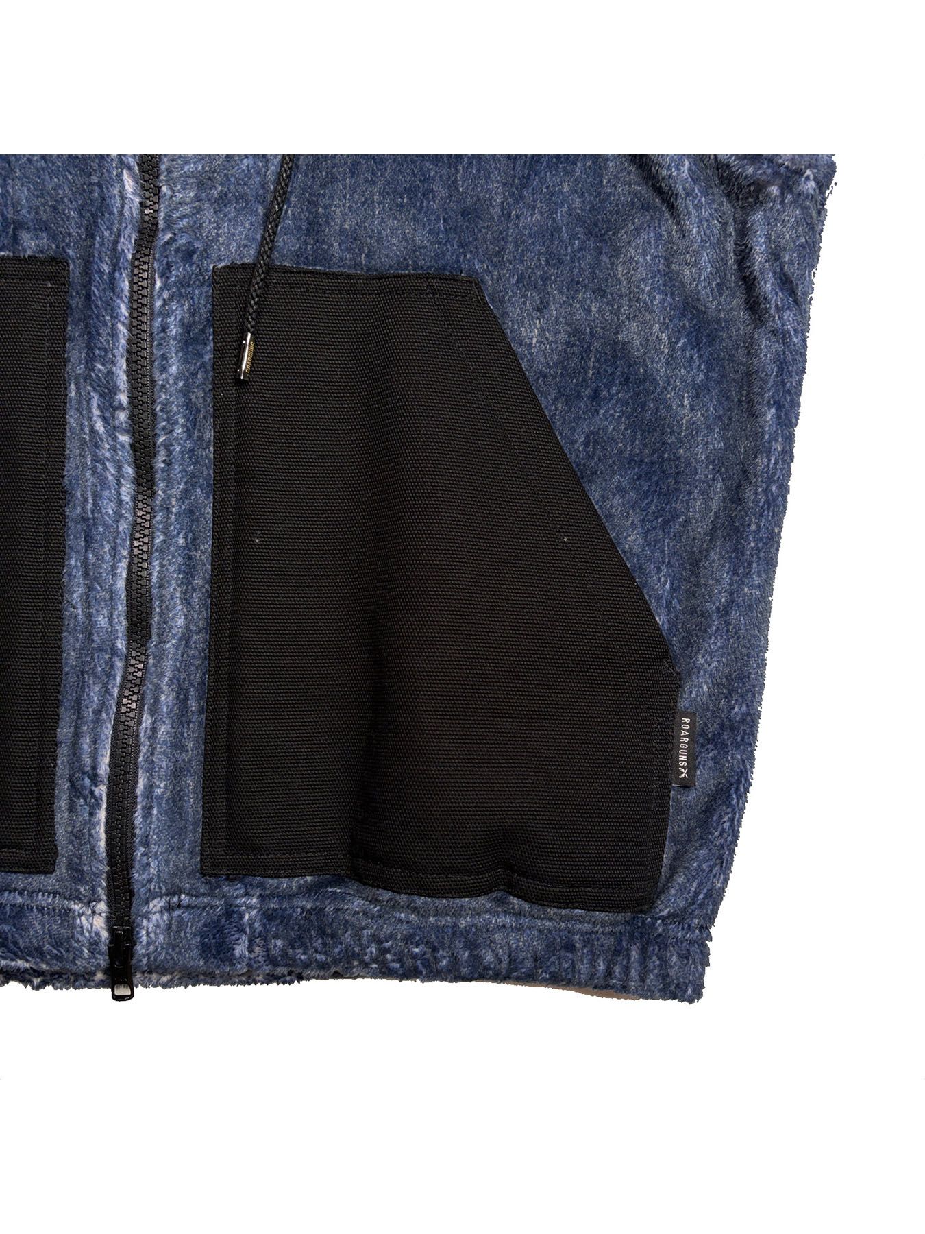 【予約品 3月9日(月) 18:00 締切】FLEECE DENIM VEST A / クリスタルクロスガン デニムプリント フリース ベスト / ブルー