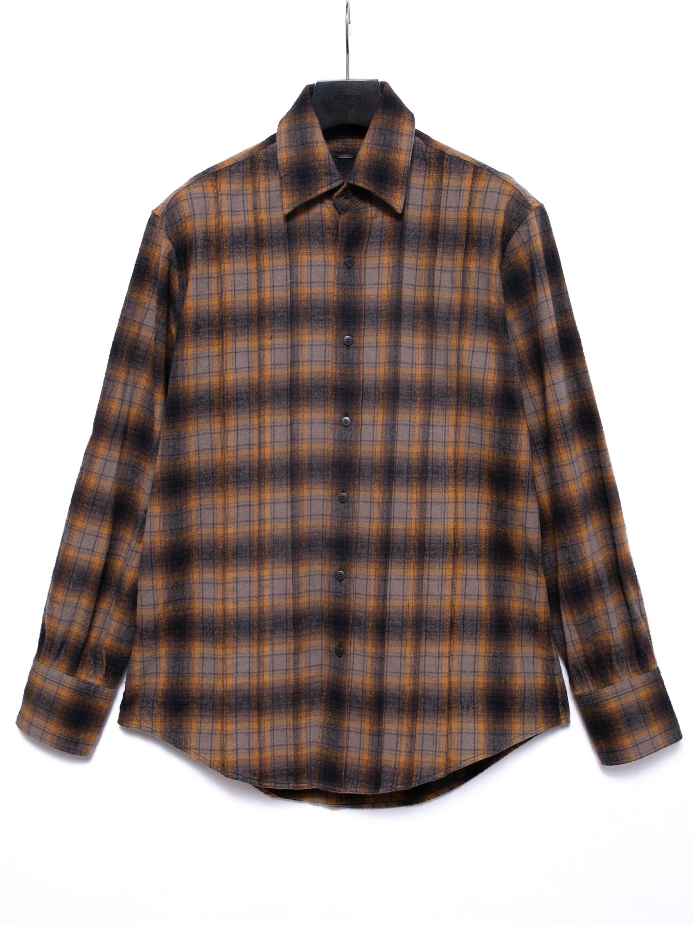 【予約品 4月6日(月) 締切】Checked Cotton Shaggy Brushed Twill Pleated Shirts / チェックコットン シャギー起毛 ツイル プリーツシャツ / ブラウン