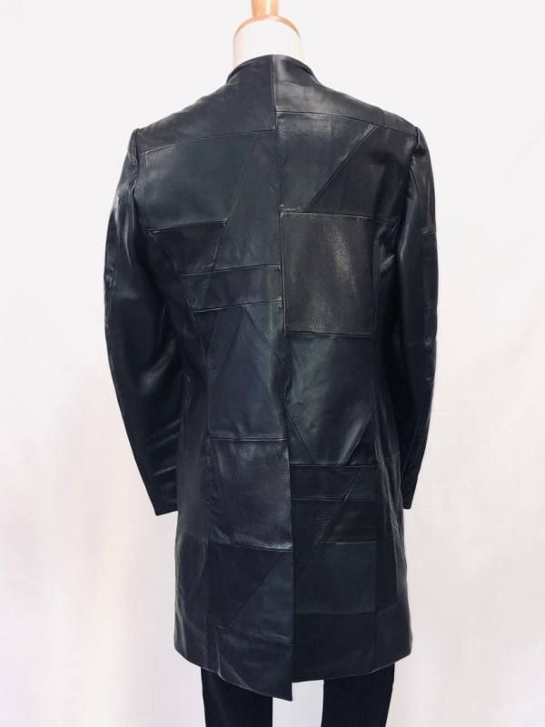 Patchwork Leather No-collar Double Coat - アウター