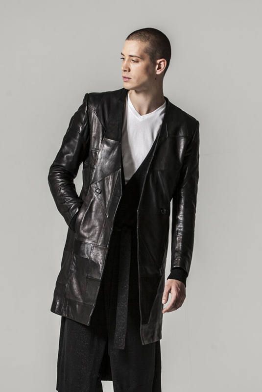 Patchwork Leather No-collar Double Coat - アウター