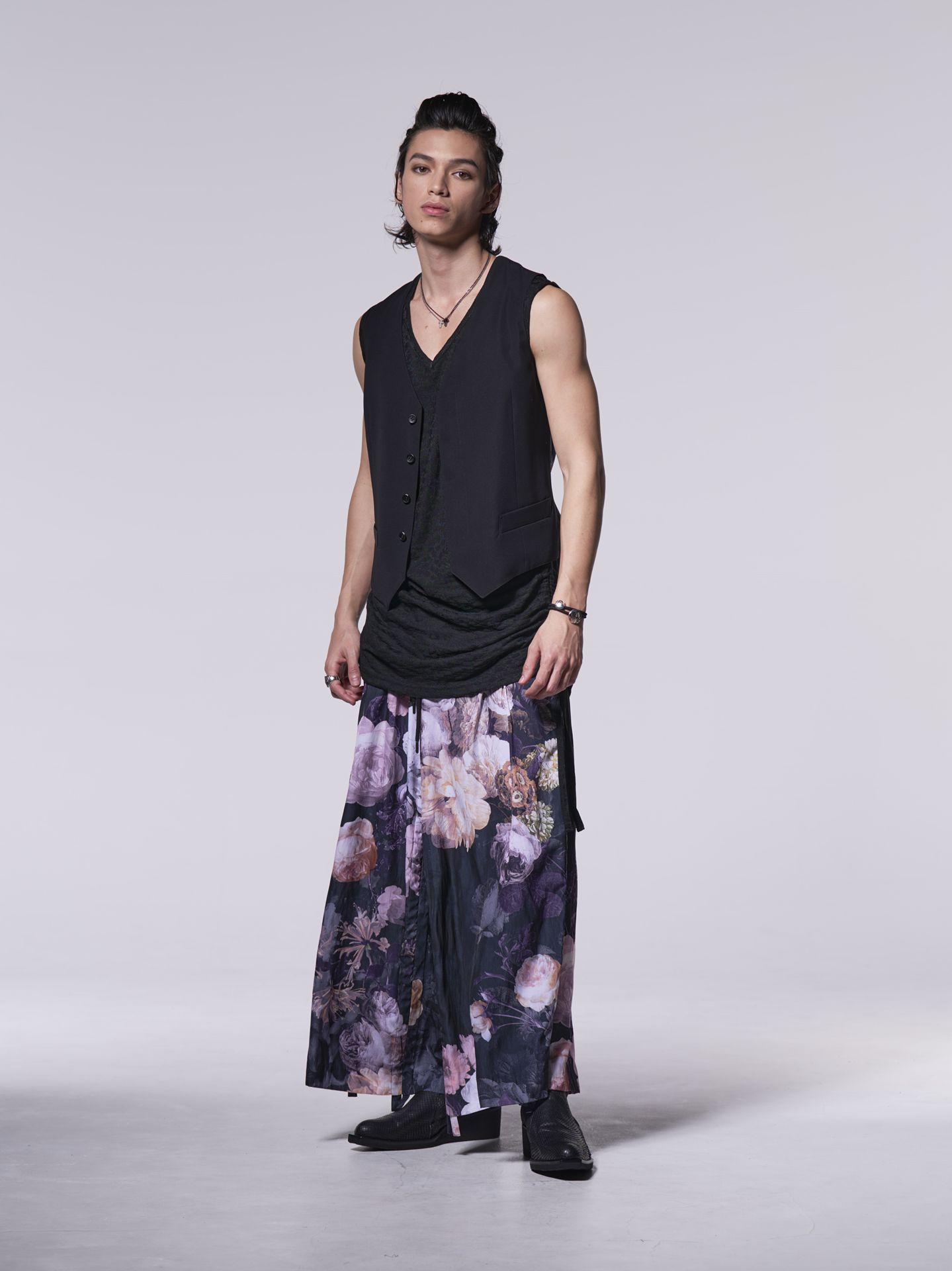 《予約品》 SharringWideTuckSlacks / ワイドタックスラックス / ブラック・フローラ柄