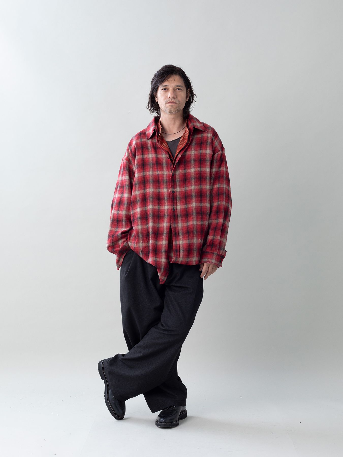 【予約品 5月27日(水) 締切】DOUBLE-SHIRTS damage / ダメージ加工 レイヤードシャツ / レッド系