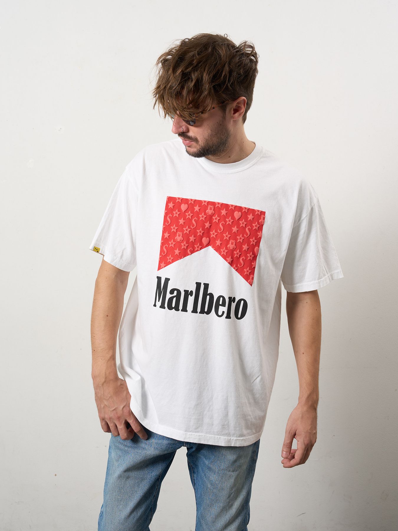 【予約品 10月16日(木) 締切】7ozピグメントウォッシュドコットン天竺 MARLBERO フォームプリント SSシャツ / ホワイト