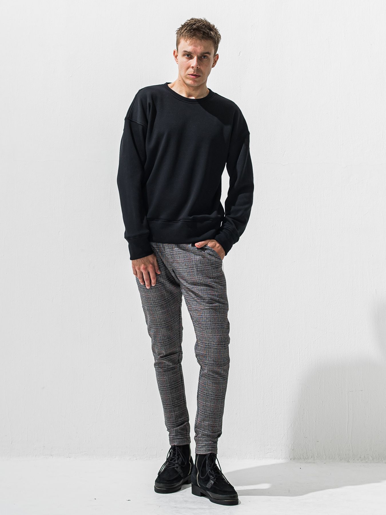 【予約品 9月6日(日) 締切】PIN ST RC VELOURS FLEECE DROP TRAINER / ピンストライプロゴ 裏起毛 ルーズトレーナー / ブラック