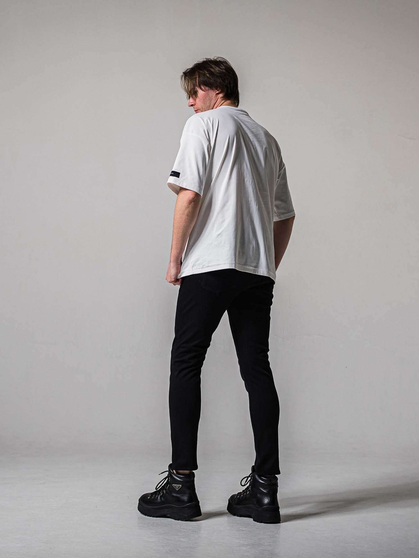 【予約品 11月16日(日) 締切】LEATER POCKET OVER NYLON T / エコレザーポケット ルーズTシャツ / ホワイト