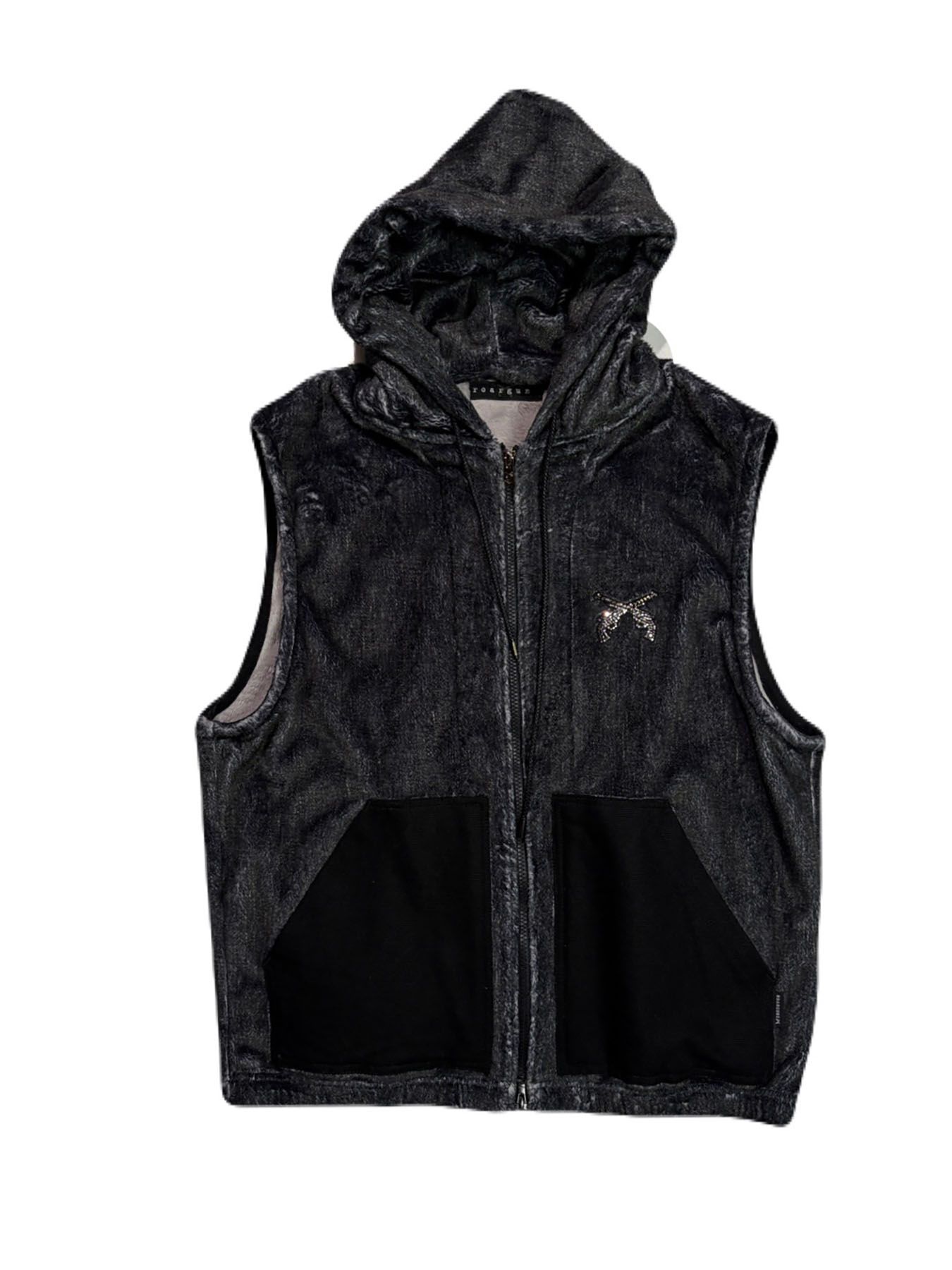 【予約品 3月9日(月) 18:00 締切】FLEECE DENIM VEST A / クリスタルクロスガン デニムプリント フリース ベスト / ブラック