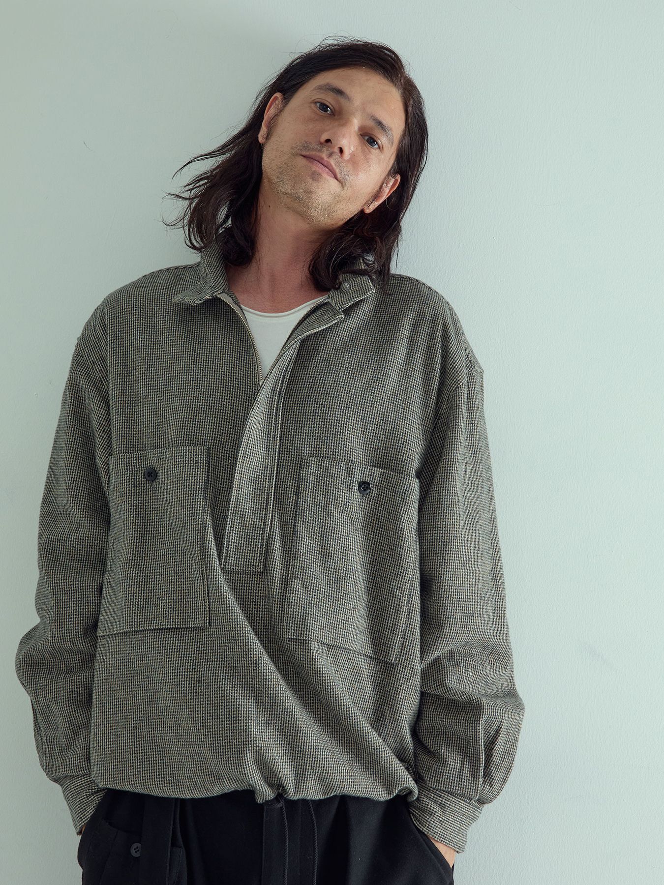 【予約品 】STANDPULL / ジッププルオーバーシャツ / アイボリー× ブラック千鳥