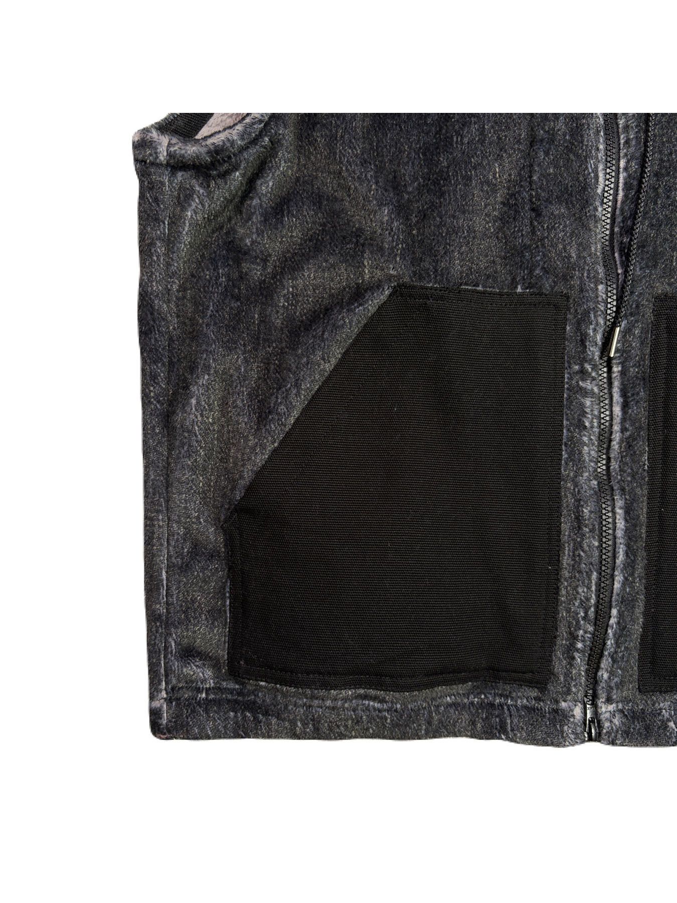 【予約品 3月9日(月) 18:00 締切】FLEECE DENIM VEST A / クリスタルクロスガン デニムプリント フリース ベスト / ブラック