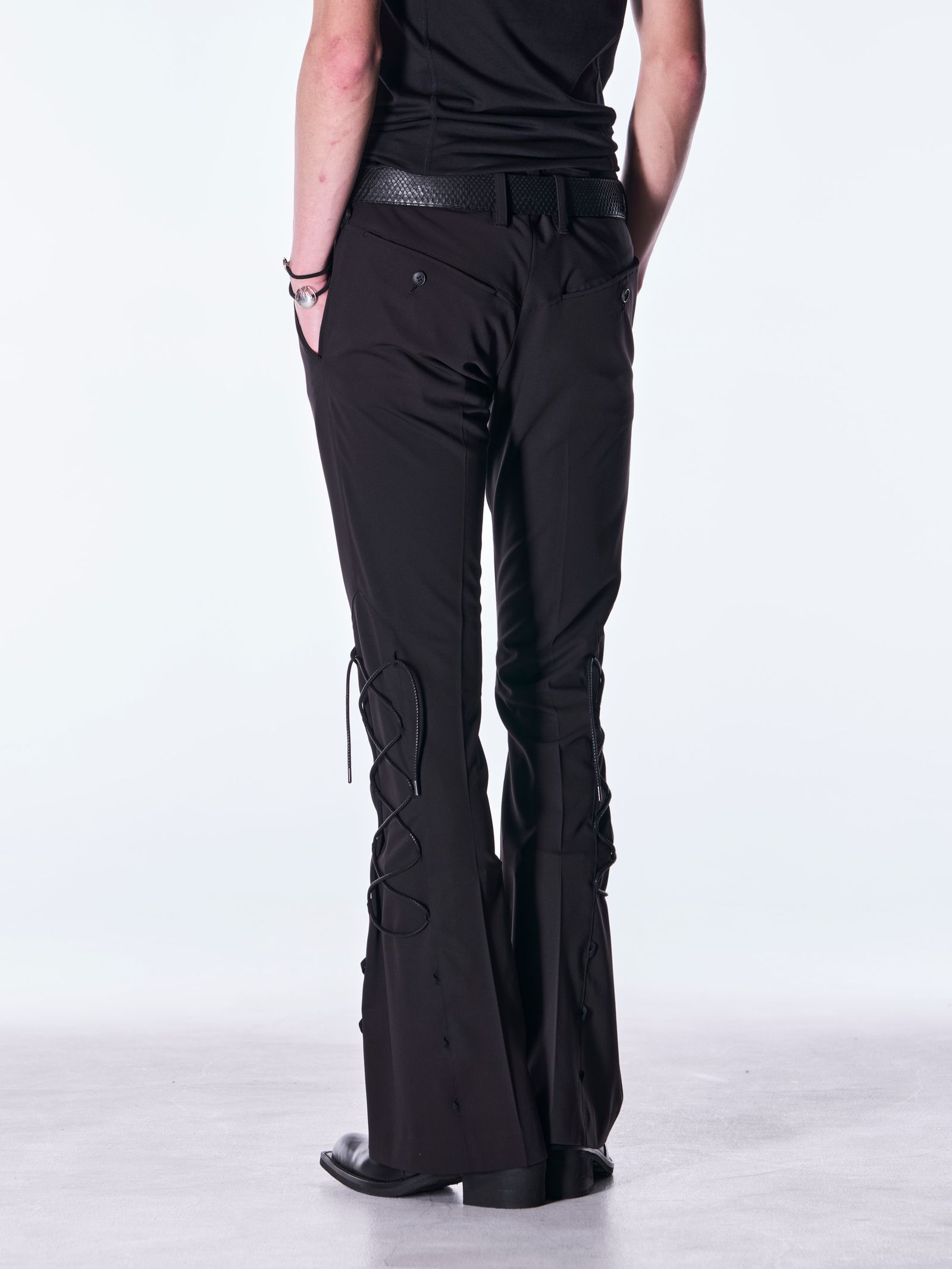 【予約品 6月29日(月) 締切】PE Gabardine Lace Up Flare Slacks / レースアップ フレアスラックス / ブラック