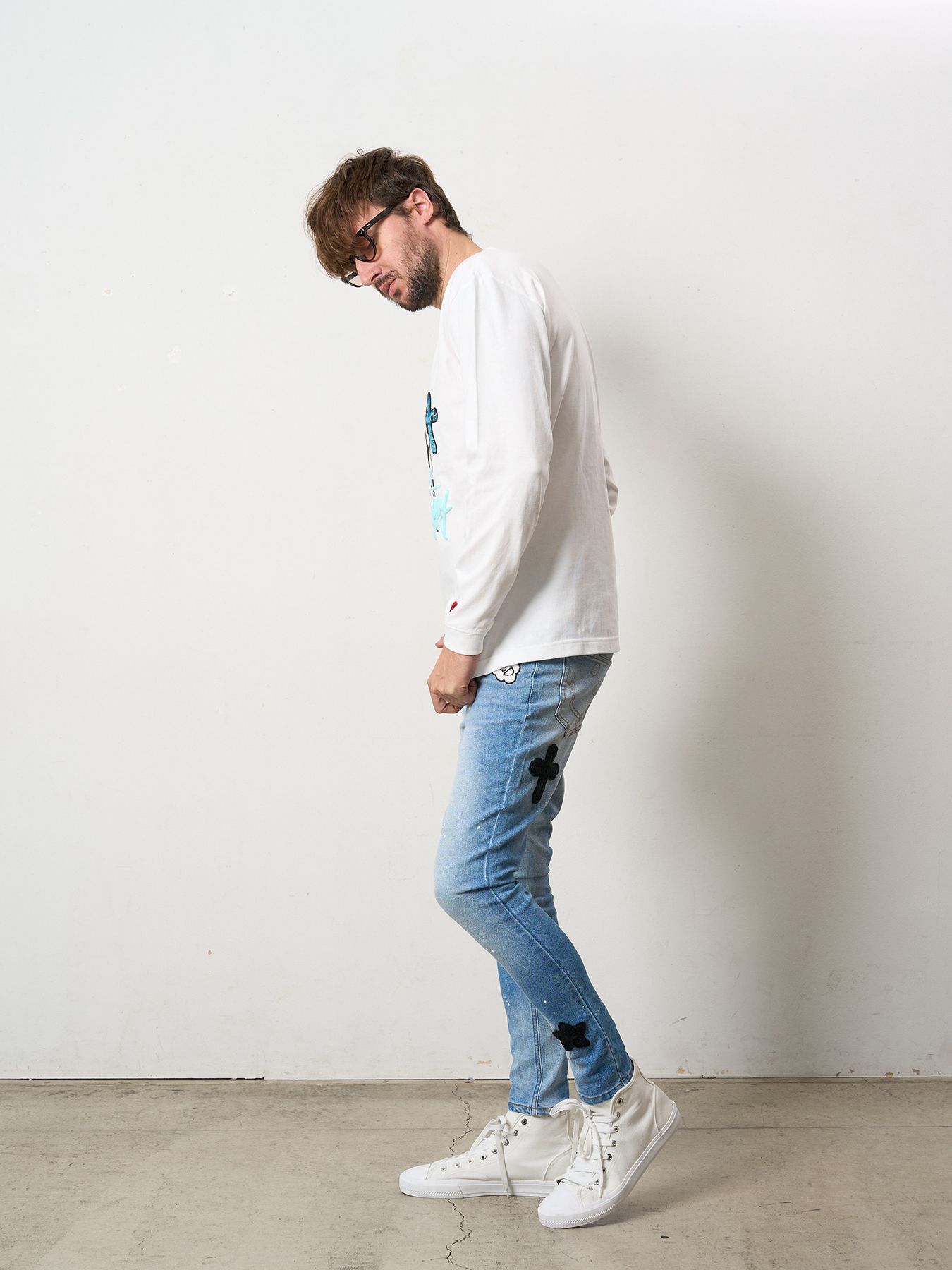 【予約品 5月8日(木) AM10時 締切】 5.6ozコットン天竺 PEACE AFTER DEATH&クロスパッチワーク LS Tシャツ / ホワイト