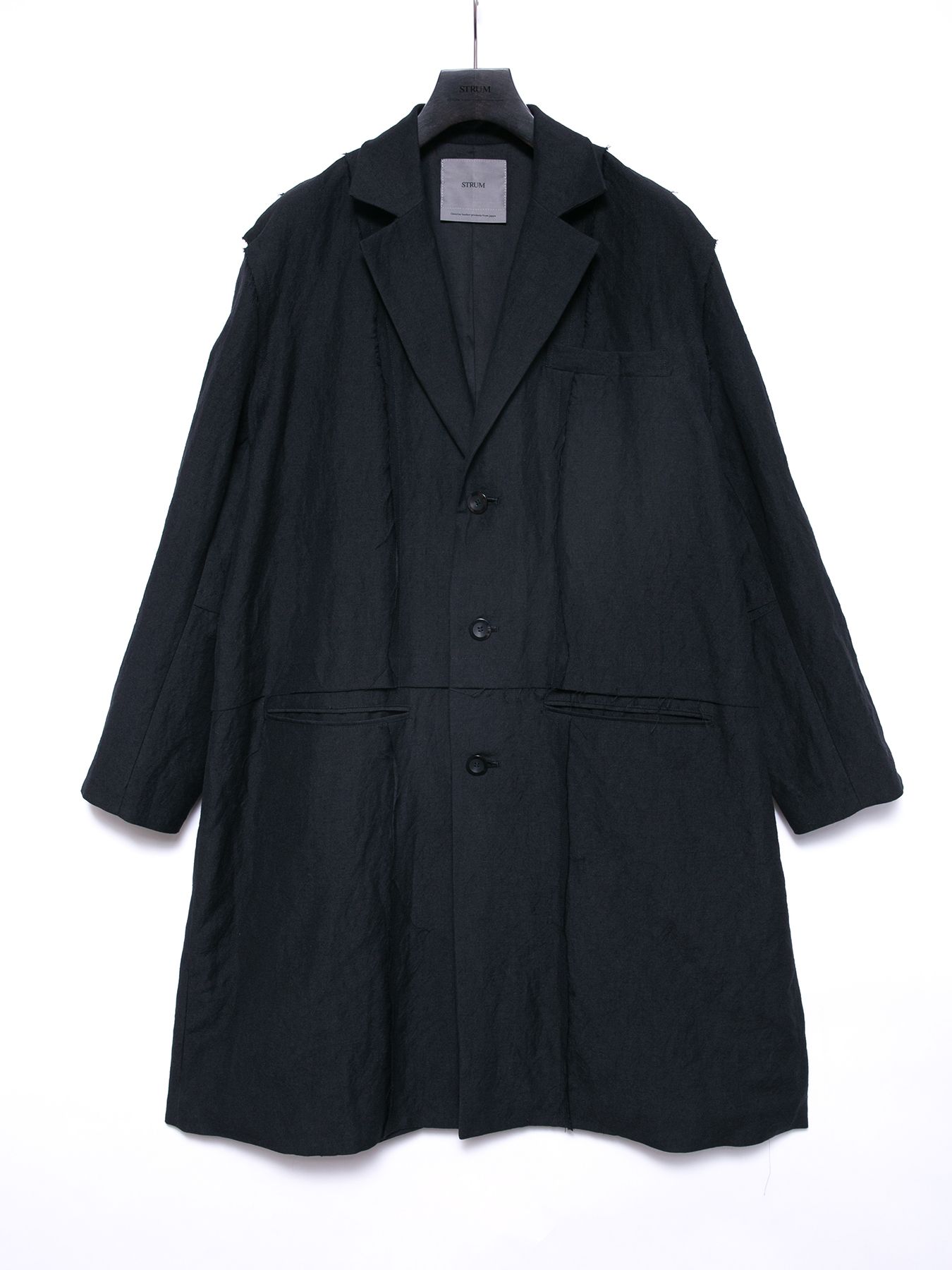 【予約品 4月6日(月) 締切】Wool Linen Gabardine Washer Chester Long Coat / ウールリネンギャバジン ワッシャー チェスターロングコート / ブラック