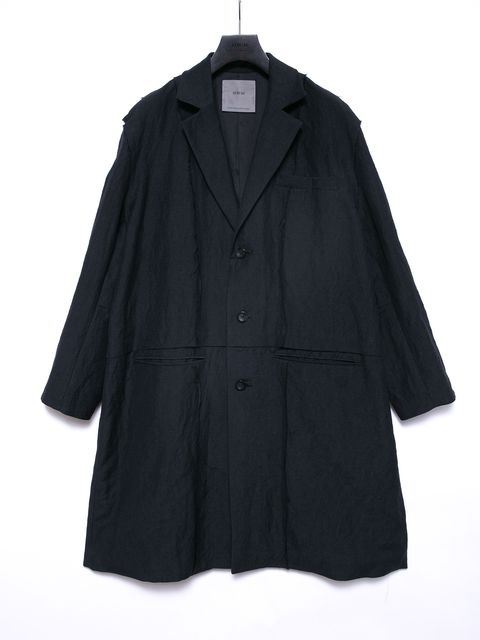 【予約品 4月6日(月) 締切】Wool Linen Gabardine Washer Chester Long Coat / ウールリネンギャバジン ワッシャー チェスターロングコート / ブラック