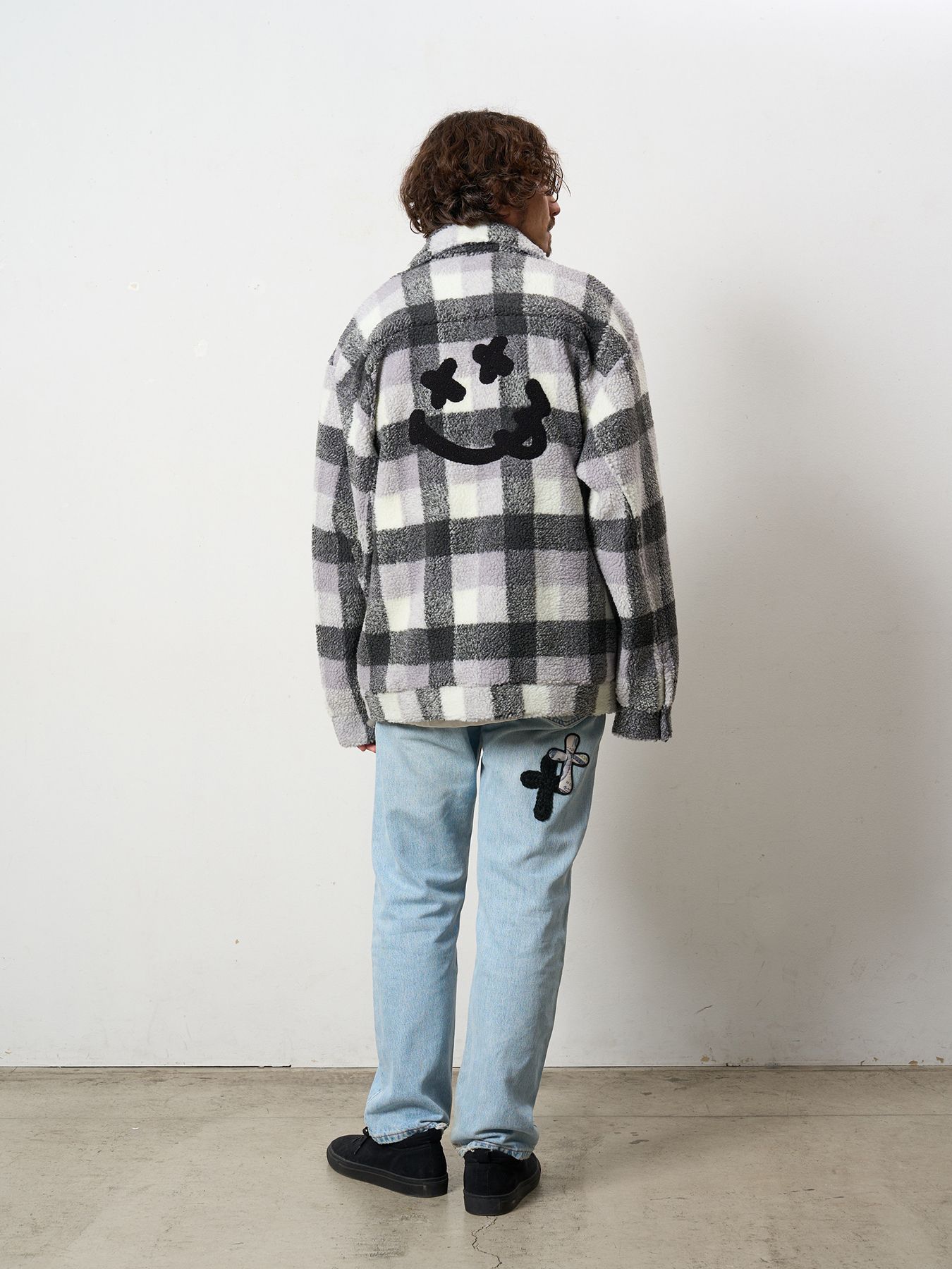 【予約品 】 ブロックチェックムックボア サガラパッチワークブルゾン / M.グレー
