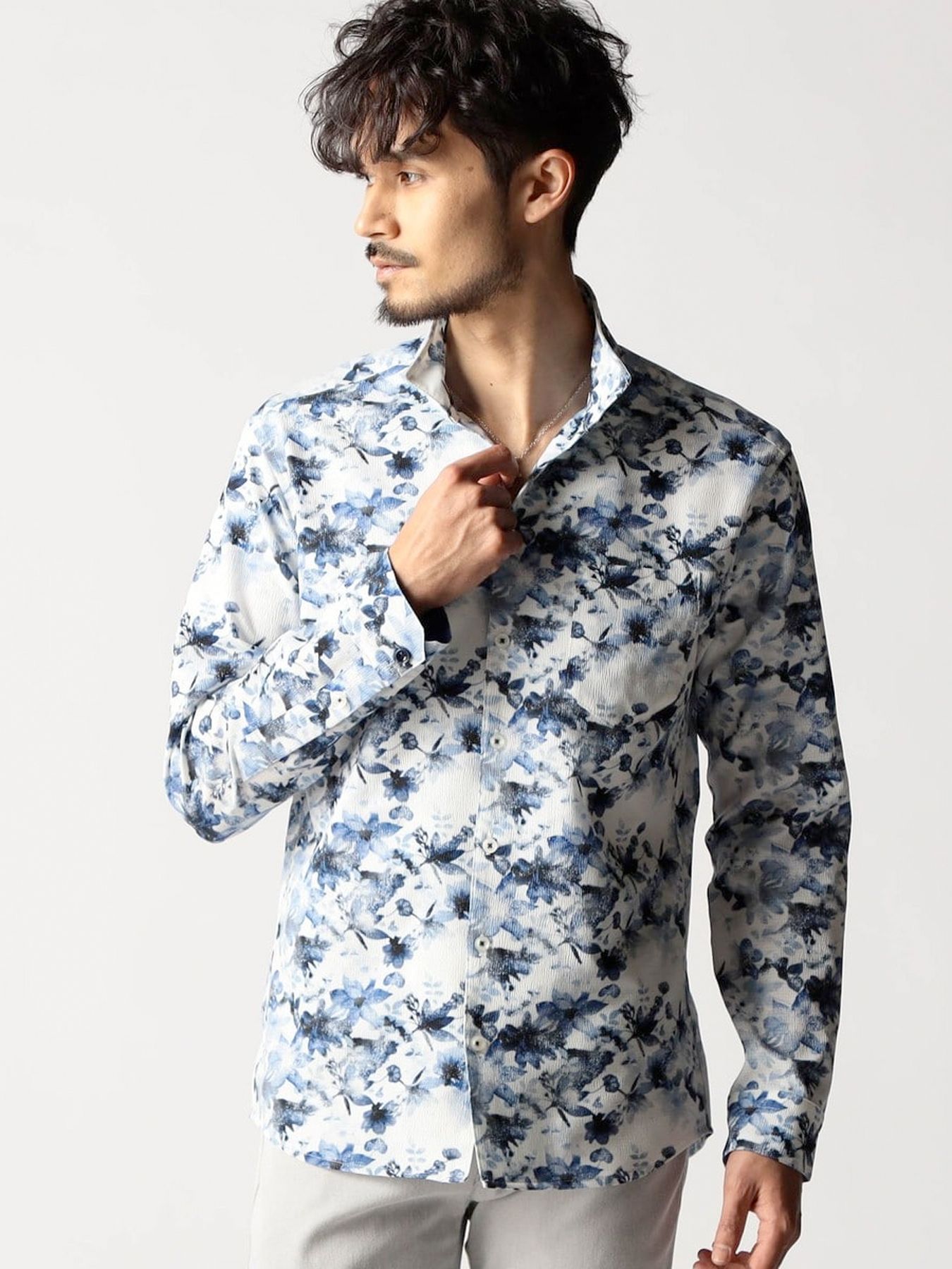 アラカルトプリント スタンドカラーシャツ / オフ×ブルー 【NICOLE CLUB FOR MEN】