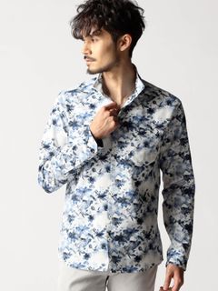 アラカルトプリント スタンドカラーシャツ / オフ×ブルー 【NICOLE CLUB FOR MEN】