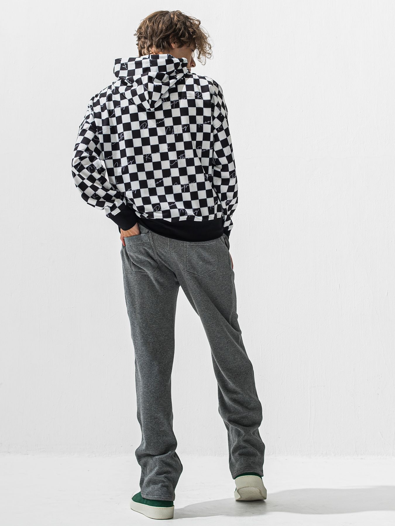 【予約品 9月6日(日) 締切】CHECKER BACK FLEECE TRAINER / 裏起毛 ルーズフーディー / ホワイト×ブラック