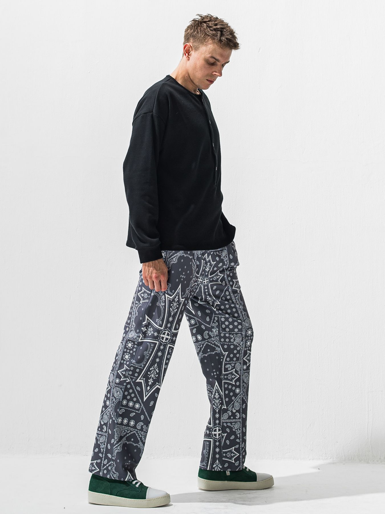 【予約品 9月6日(日) 締切】OVER HENRY VELOURS FLEECE THERMAL / 裏起毛 ハニカムサーマル オーバーサイズヘンリーネック / ブラック