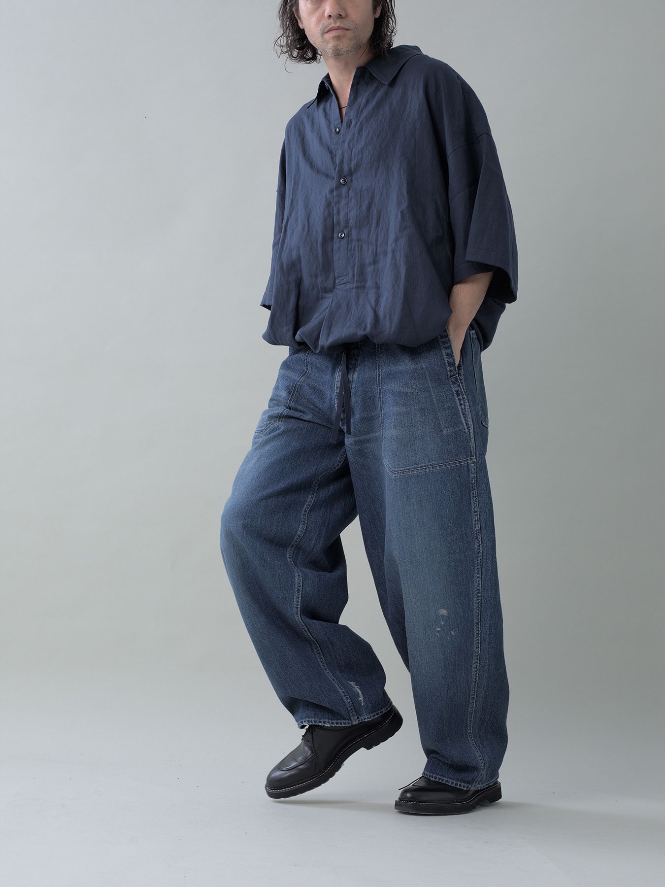 【予約品 5月6日(水) 締切】USN-DENIMTROUSERS damage / ダメージ加工 デニムミリタリーパンツ / インディゴ × 生成りステッチ 濃
