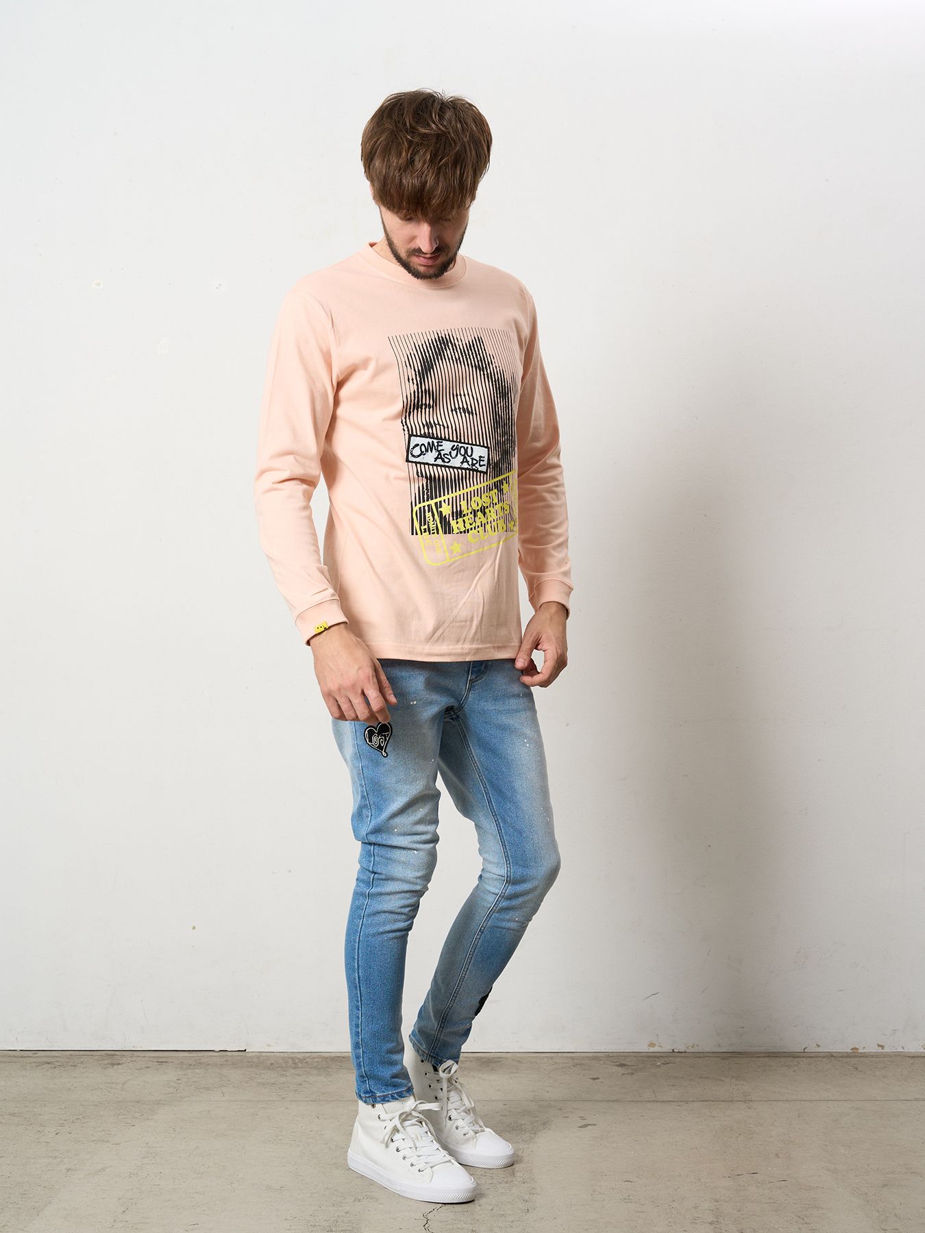 【予約品 5月8日(木) AM10時 締切】 5.6ozコットン天竺 LOST HEARTS シークインLS Tシャツ / ペールピンク