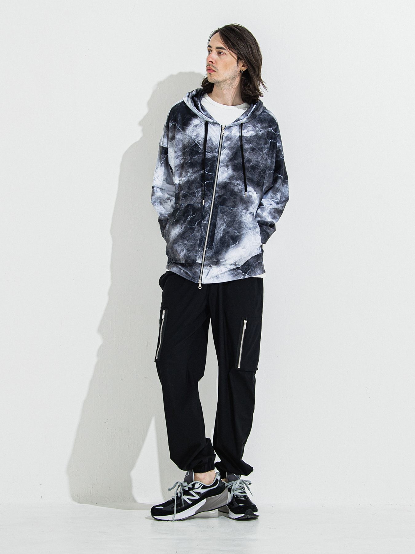 【予約品 】RASH OVER ZIPUP HOODIE / ラッシュガード オーバーサイズジップアップパーカー / マーブルブラック
