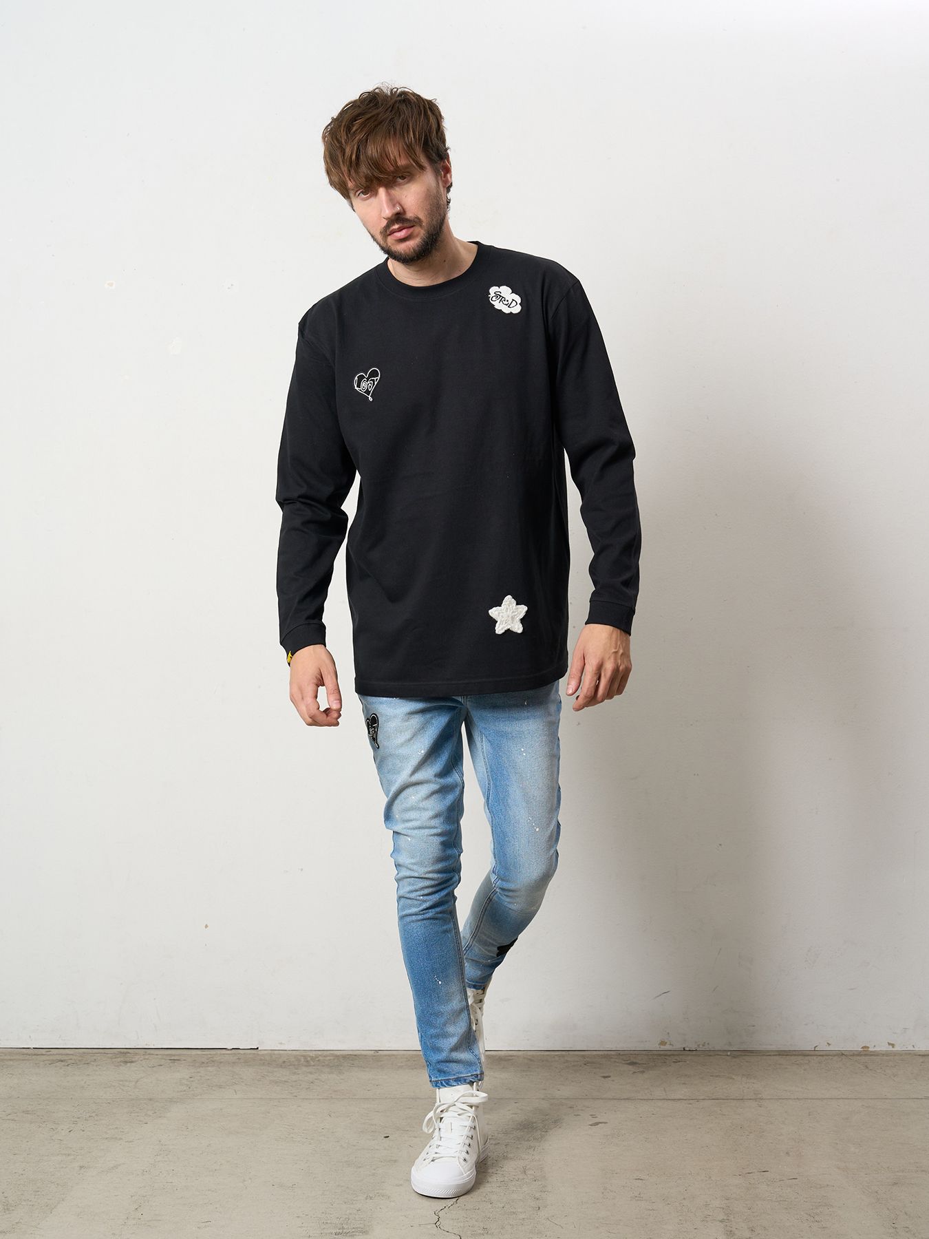 【予約品 5月8日(木) AM10時 締切】 5.6ozコットン天竺 CREATE YOUR OWN LUCK&マルチパッチワーク LS Tシャツ / ブラック
