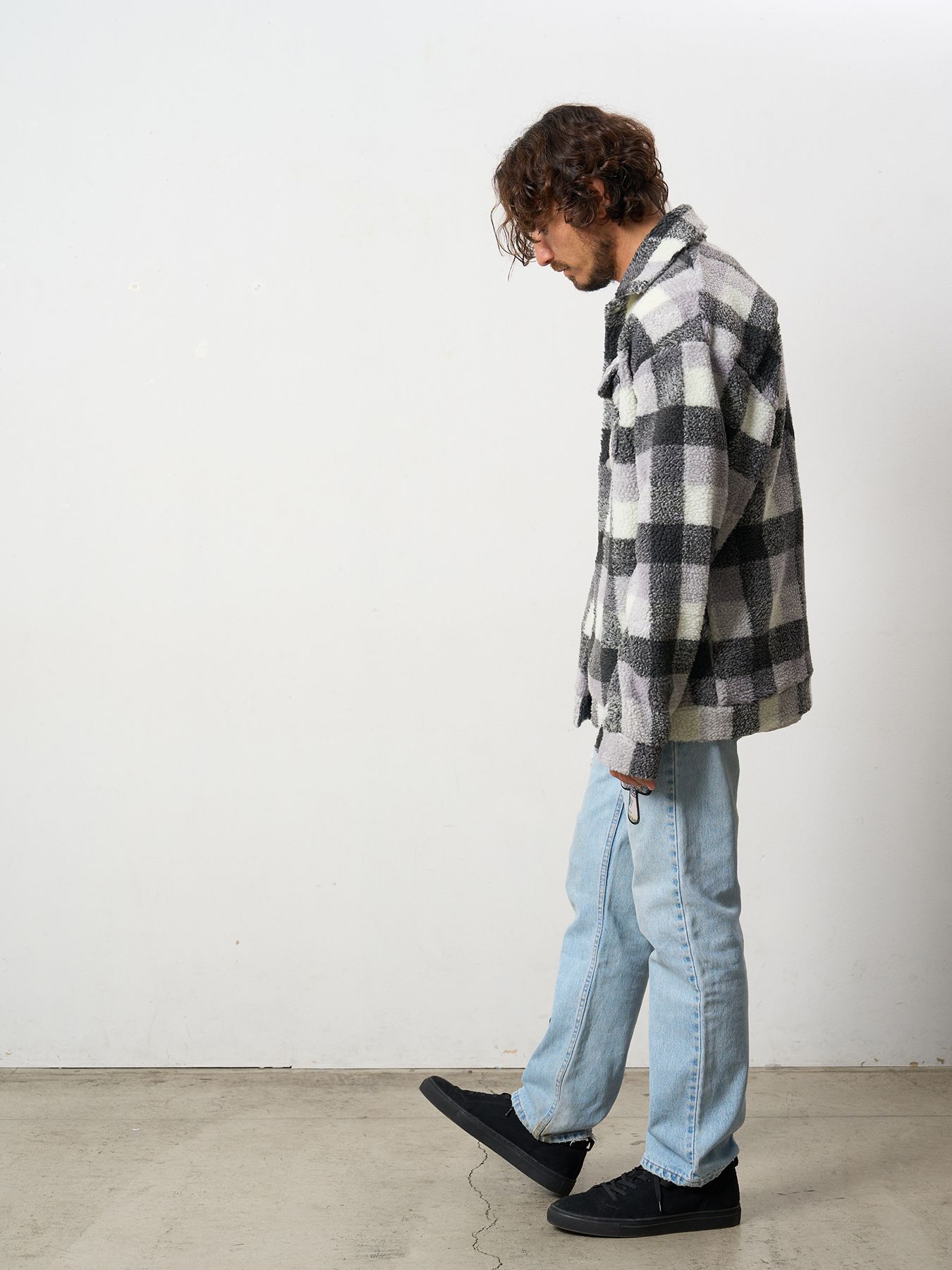 【予約品 】 ブロックチェックムックボア サガラパッチワークブルゾン / M.グレー
