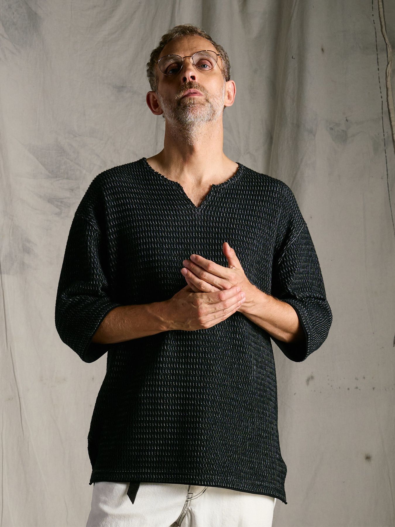 【予約品】textured knit key-neck H/S / ニットジャージー ハーフスリーブトップス / ブラック×グレー