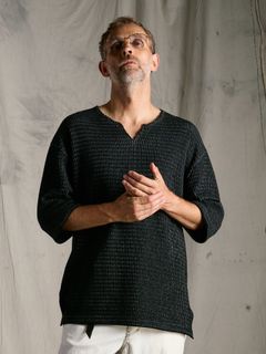 【予約品】textured knit key-neck H/S / ニットジャージー ハーフスリーブトップス / ブラック×グレー