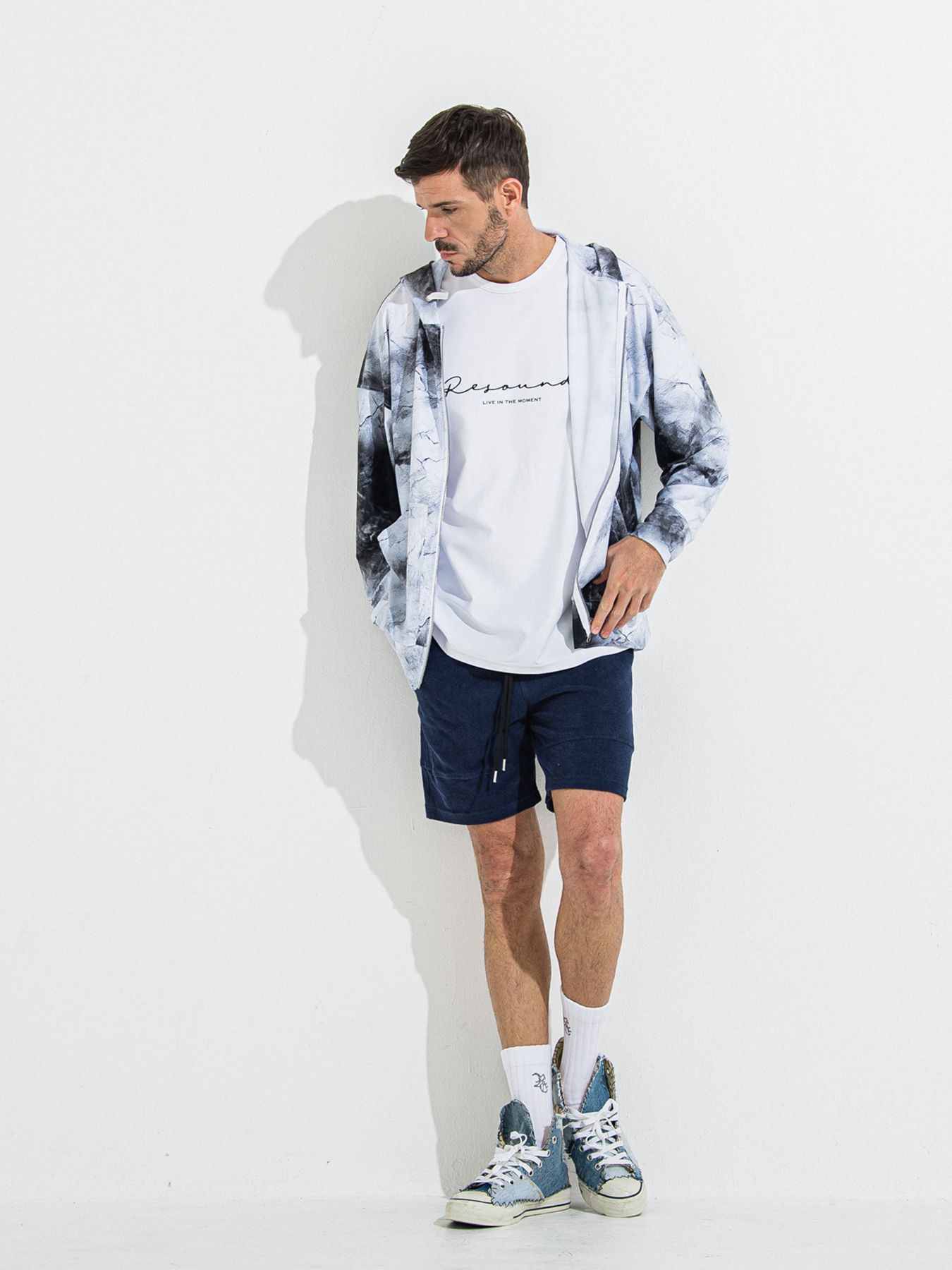 【予約品】RASH OVER ZIPUP HOODIE / ラッシュガード オーバーサイズジップアップパーカー / マーブルホワイト