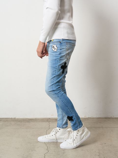 【予約品 】 11ozストレッチデニム マルチパッチワーク& ペインティング 5Pパンツ / ブラック