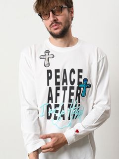 【予約品 5月8日(木) AM10時 締切】 5.6ozコットン天竺 PEACE AFTER DEATH&クロスパッチワーク LS Tシャツ / ホワイト