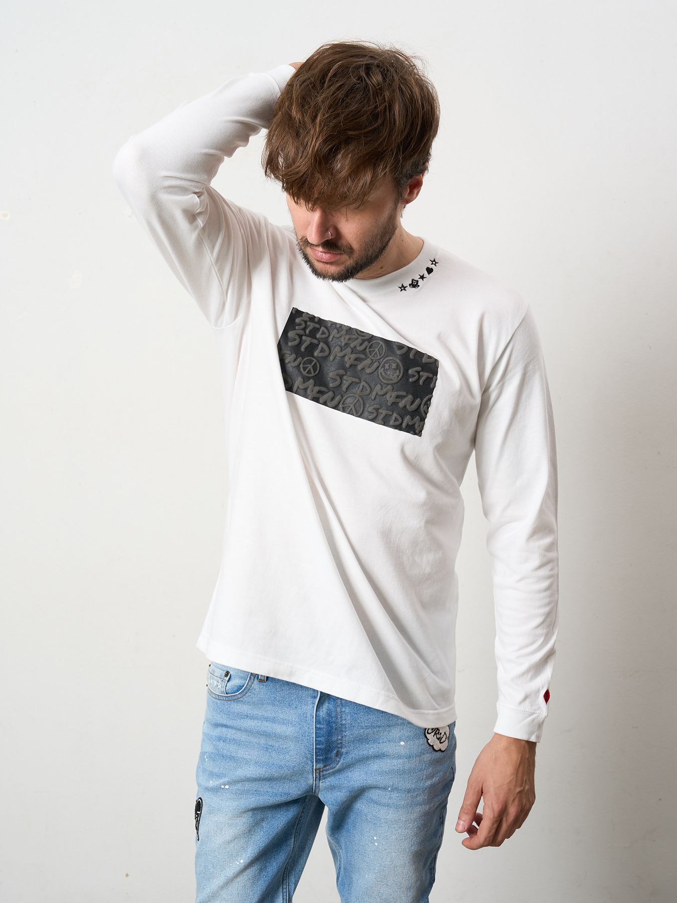 【予約品 5月8日(木) AM10時 締切】 5.6ozコットン天竺 ボックスロゴ発泡プリントLS Tシャツ / ホワイト